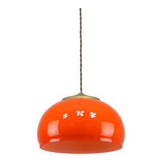 Lampe à suspension italienne du milieu du siècle en verre orange et laiton