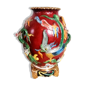 Vase décor Asie chimères majolica vintage Relief