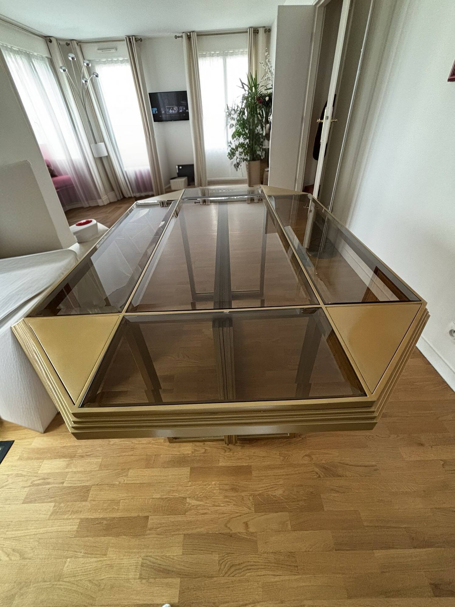 Dining table in brass and smoked glass, Italchrome