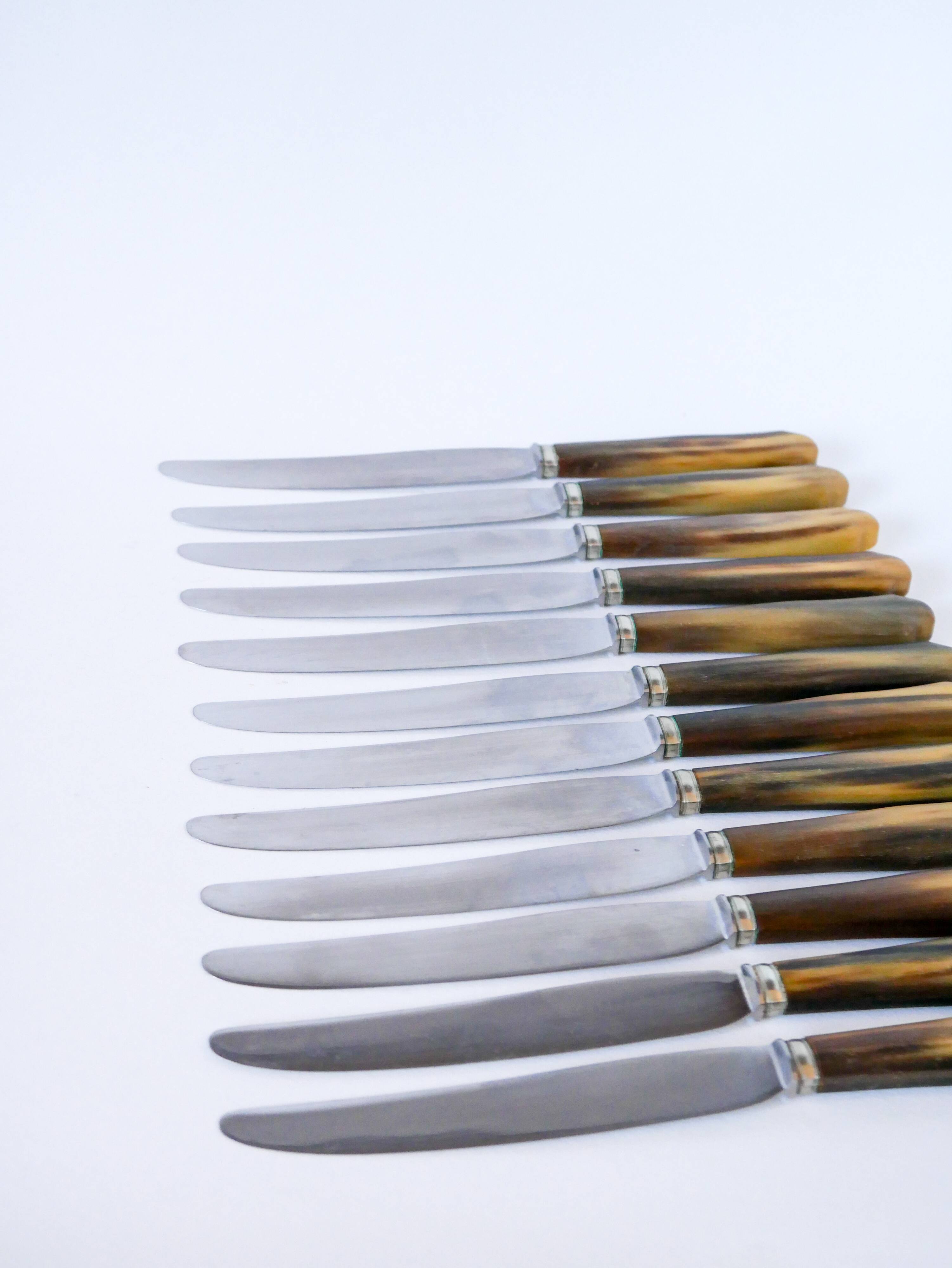 Set of 12 brown and beige marbled horn knives 1960