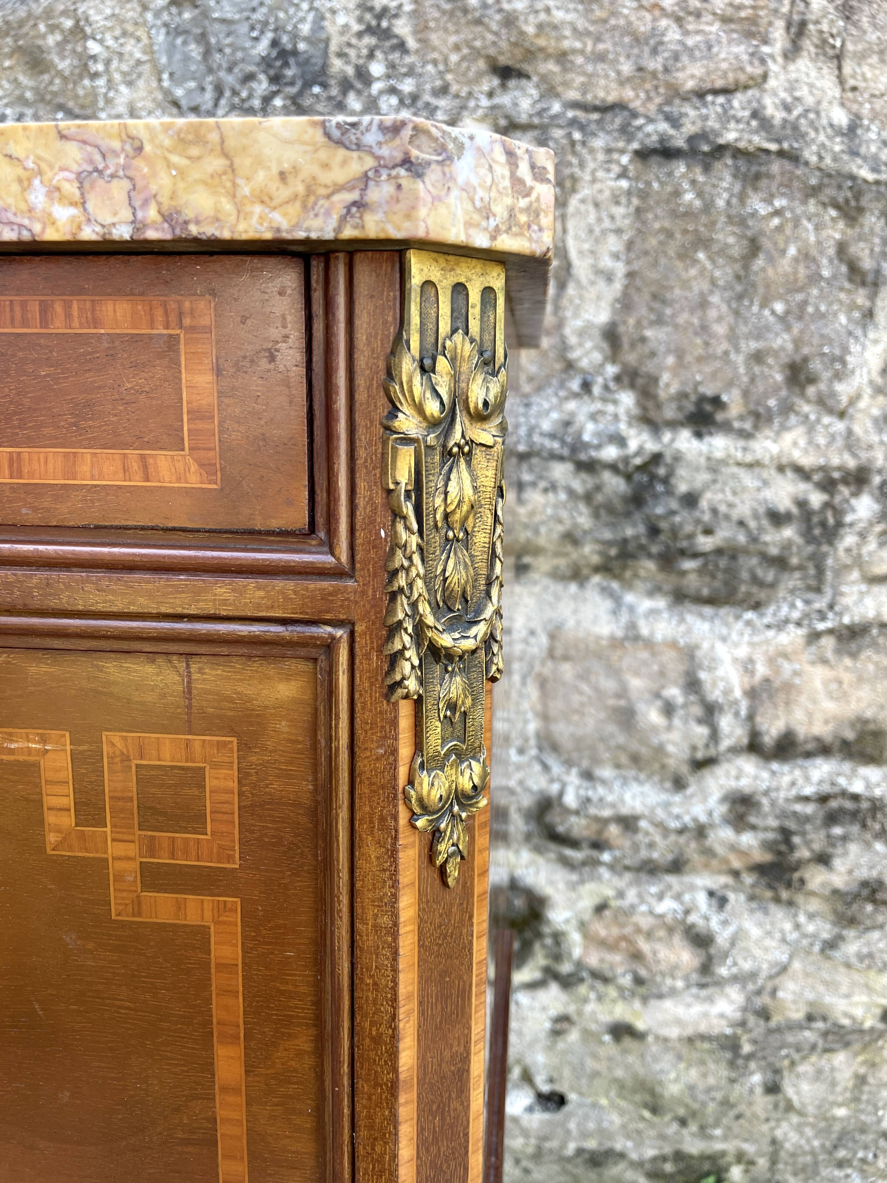 Louis XVI style bedside table in bronze, marble and ceramic