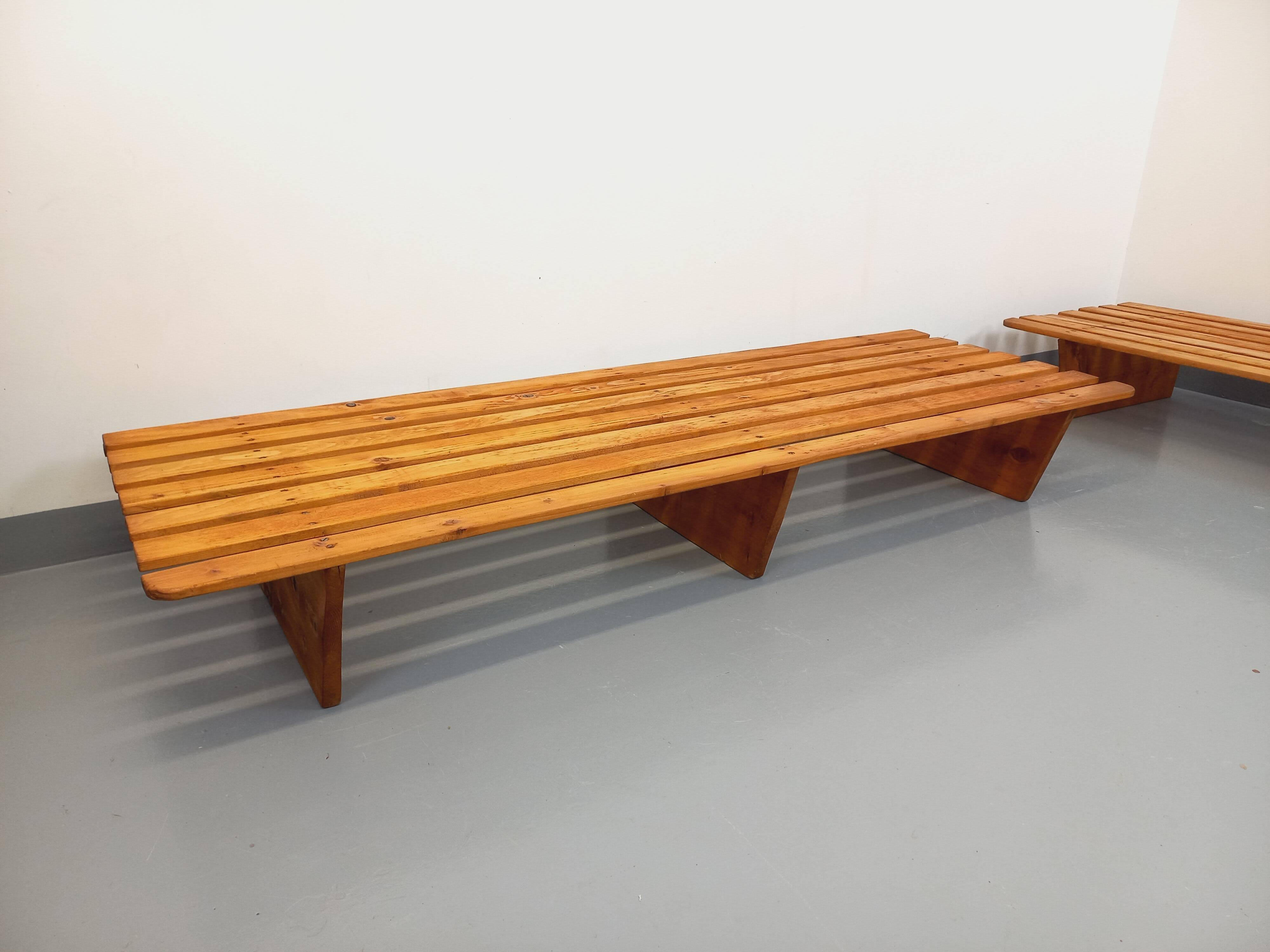 Pair of vintage  Perriand style  pine benches