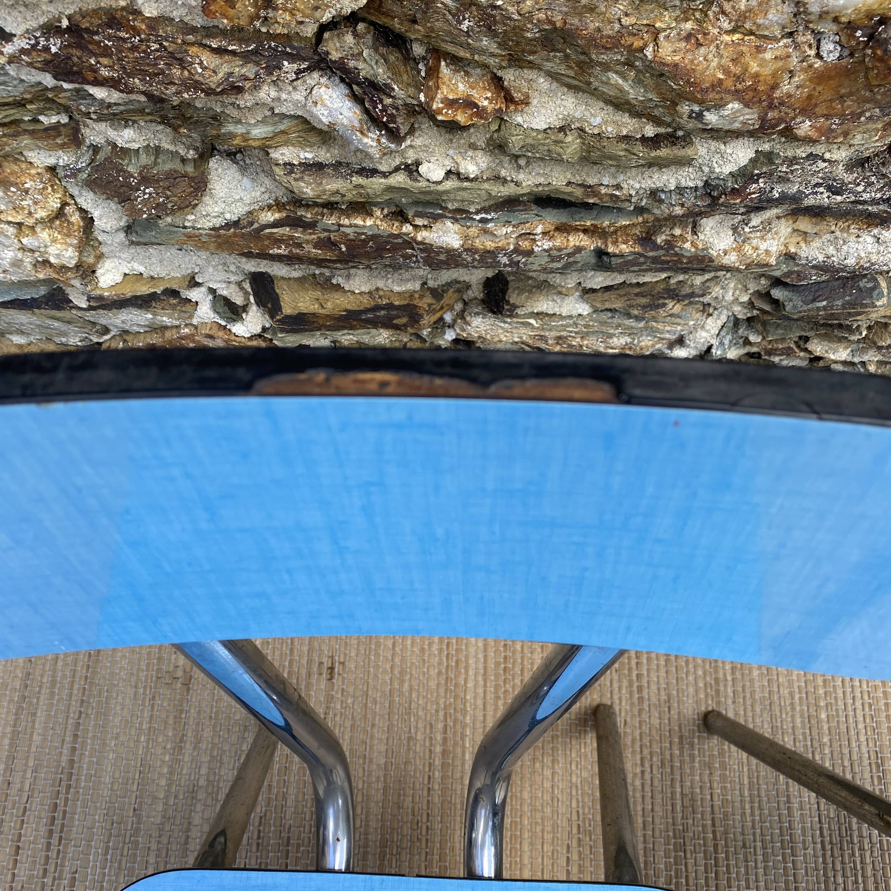 Extendable blue formica table and 2 chairs, 1960s