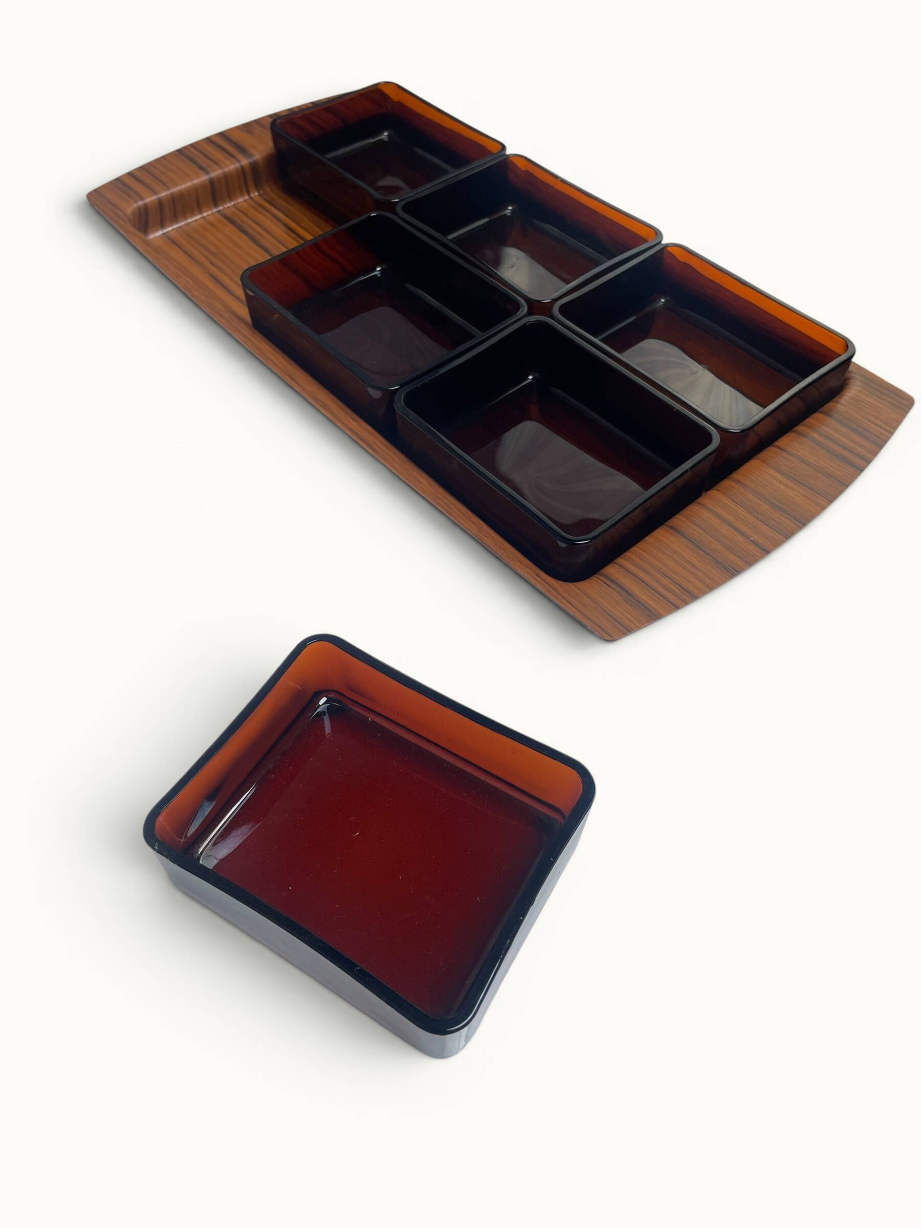 Plateau apéritif service Vereco — verre ambré fumé — France années 70