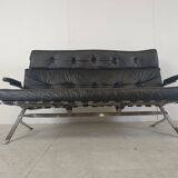 Canapé vintage en cuir noir et chrome, 1970