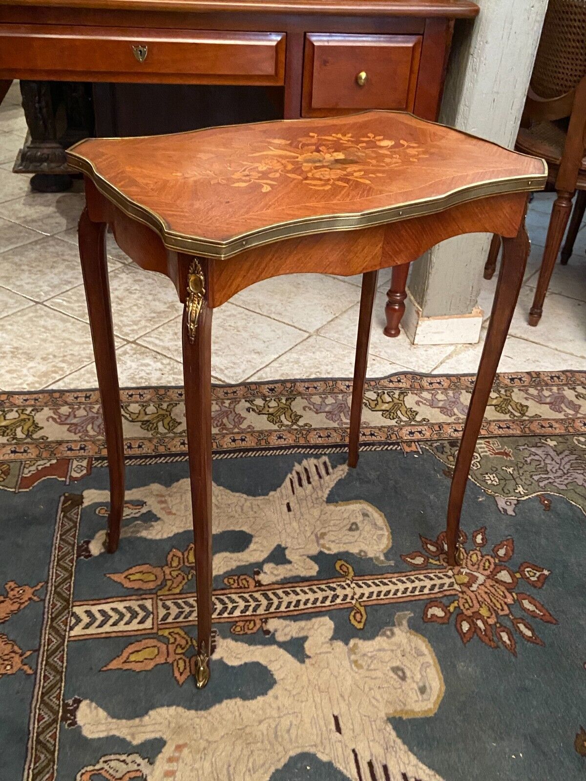 Pedestal table end of sofa decorated inlaid Louis XV style