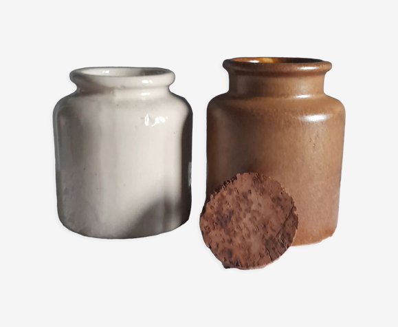 2 anciens pots à moutarde en grès, vintage