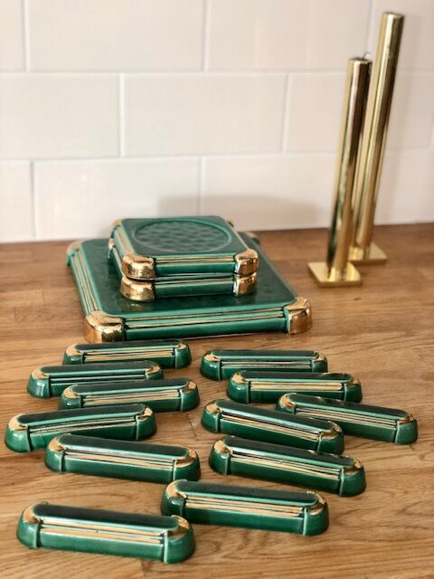 Flat rest, bottle coasters and Art Deco knife holders