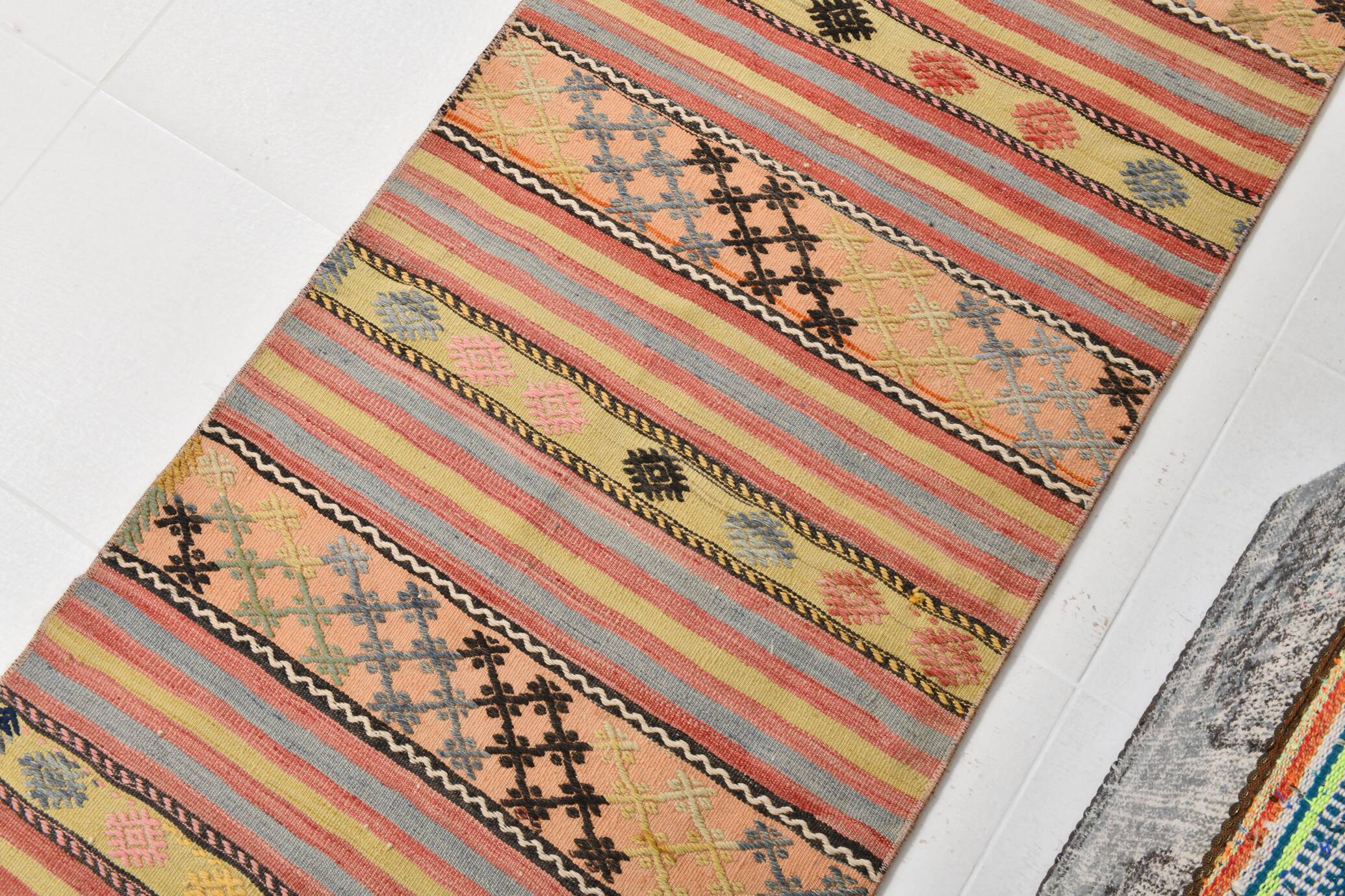 3x0 Blush Pink & Blue Striped Vintage Kilim Runner, Rugs For Bohemian Entry