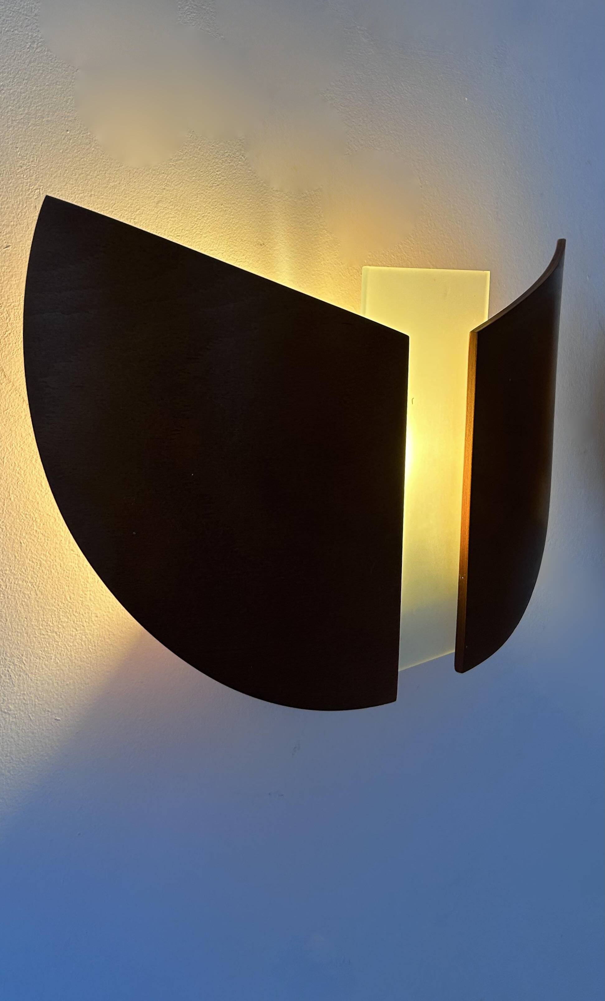 Pair of vintage thermoformed wood and sandblasted glass wall lights, France, 1980