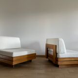 Pair of solid elm low chairs from Maison Regain, 1960