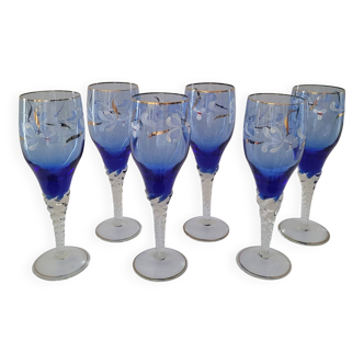 6 art stemmed glasses, cobalt blue enamel and gold