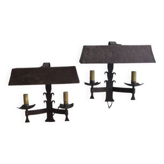 Pair of patinated iron Brutalist outdoor wall lights, 1960s
