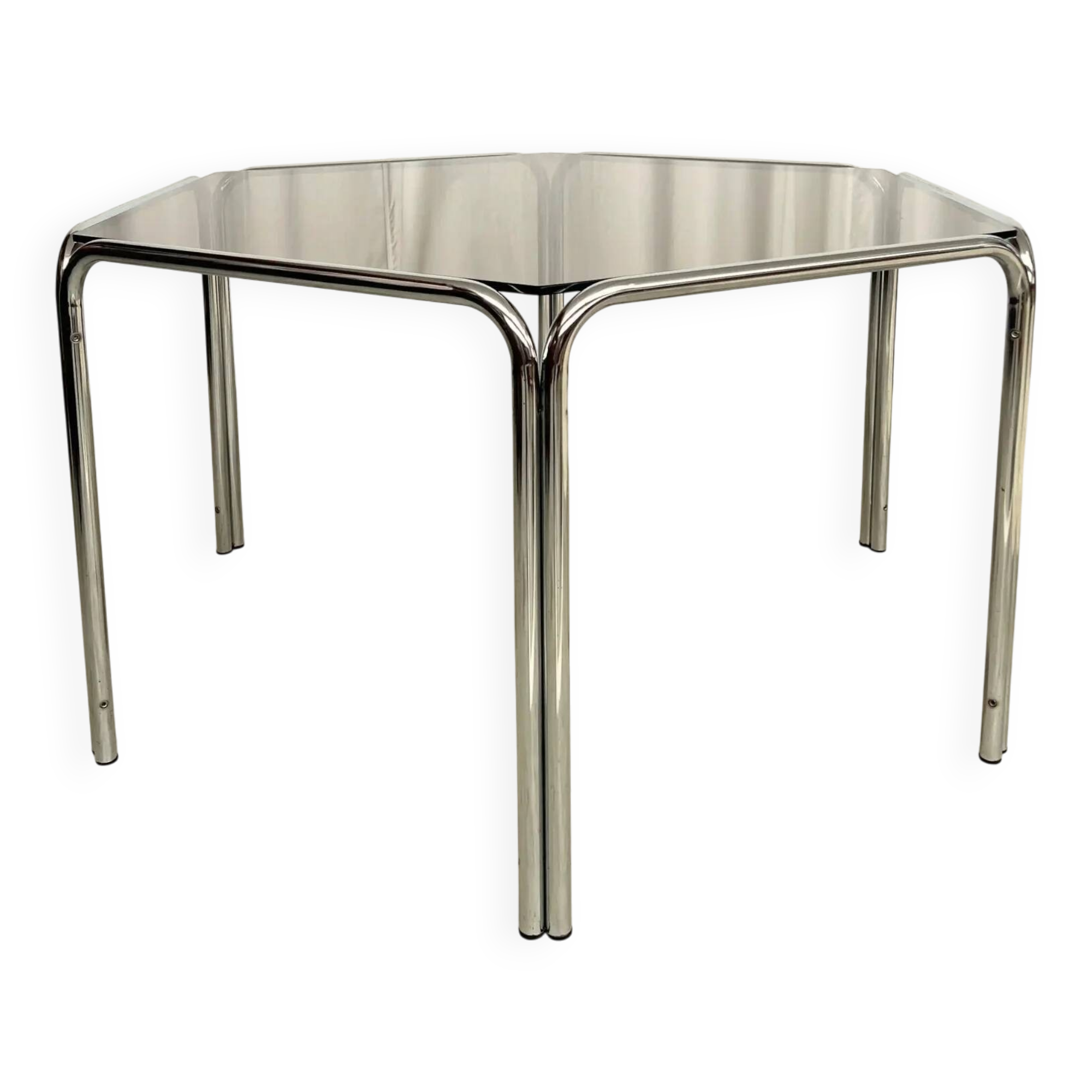 Vintage hexagonal table with smoked glass top and chrome metal structure.