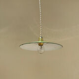 Trio of vintage suspension in green and white enamelled sheet metal indus old farm