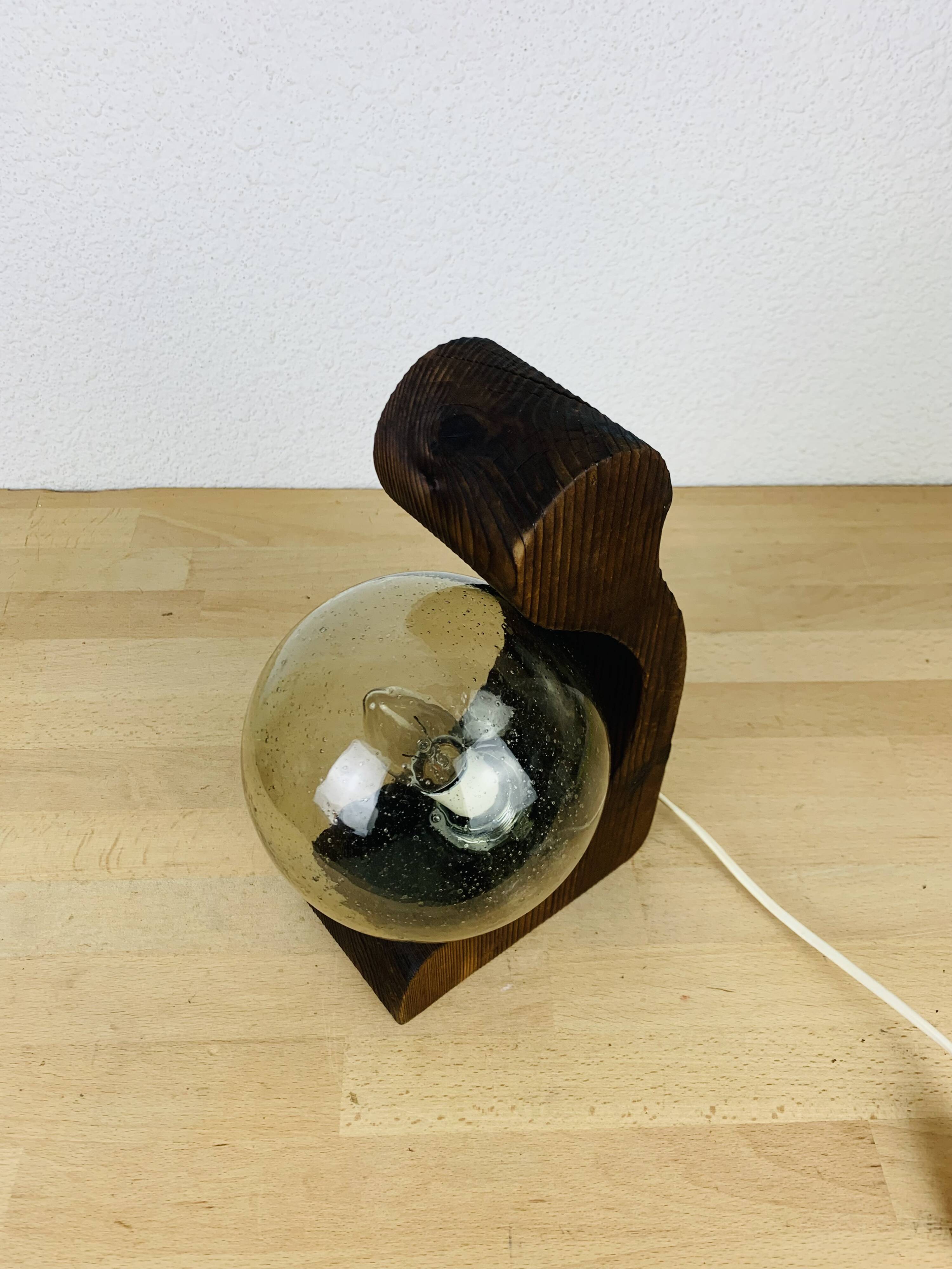 Brutalist lamp Temde Leuchten 1970s pine and glass globe