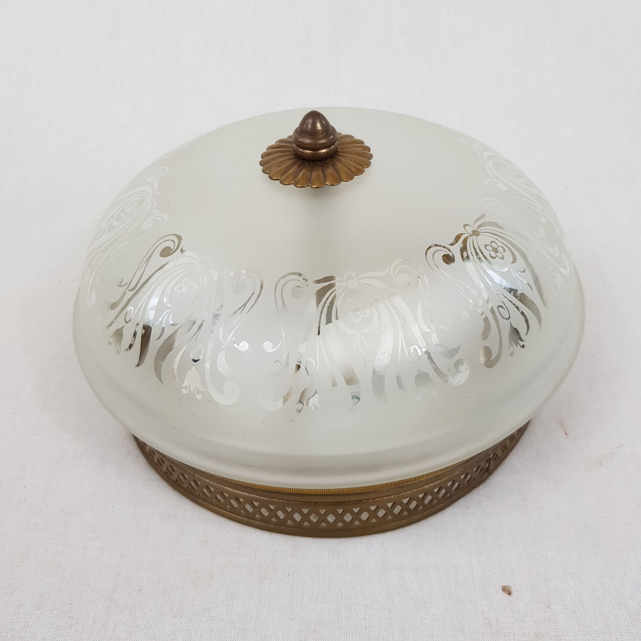 Glass globe ceiling lamp frosted pattern and brass opened frame