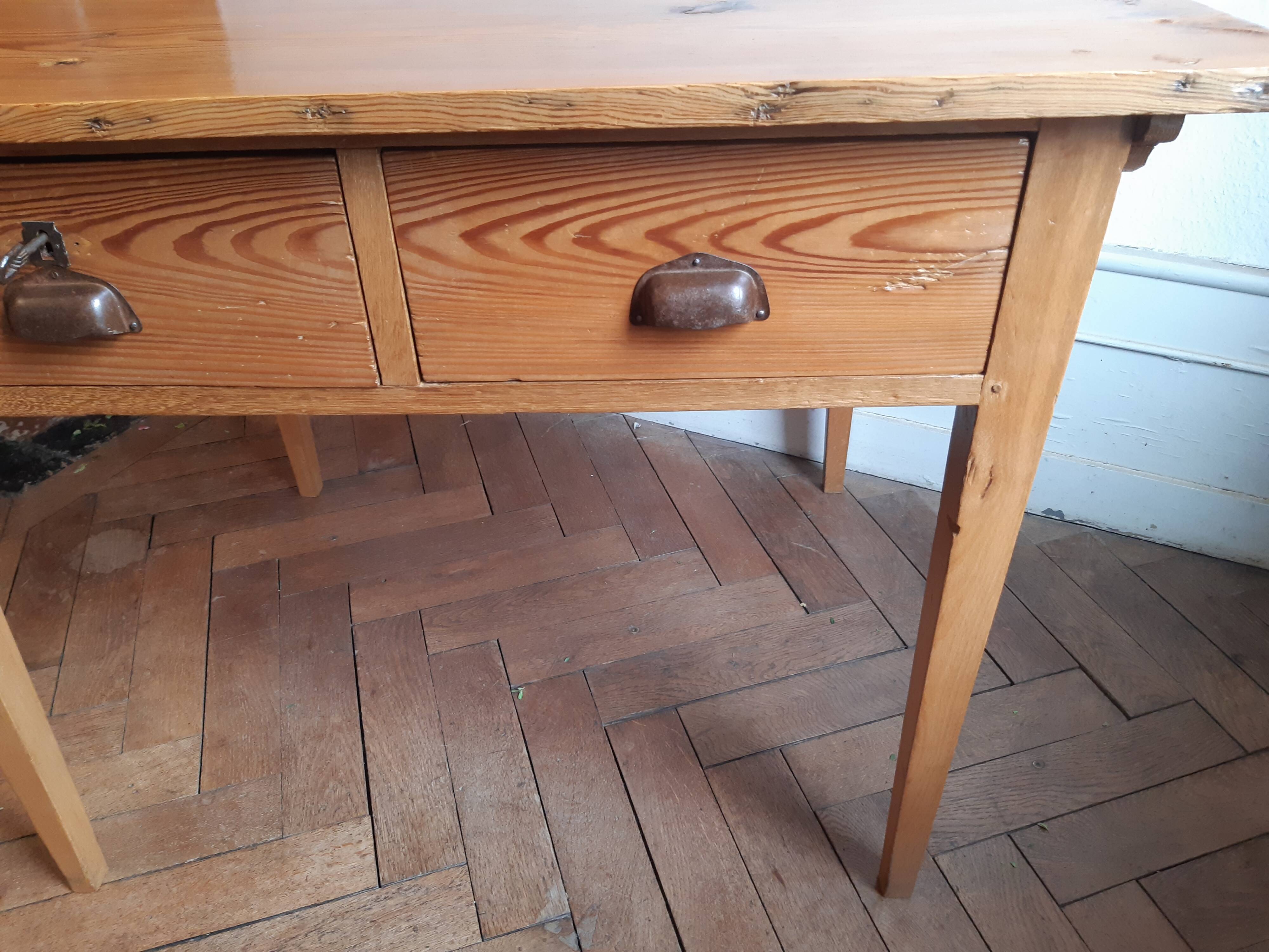 Old office table vintage fir 1900 2 drawers