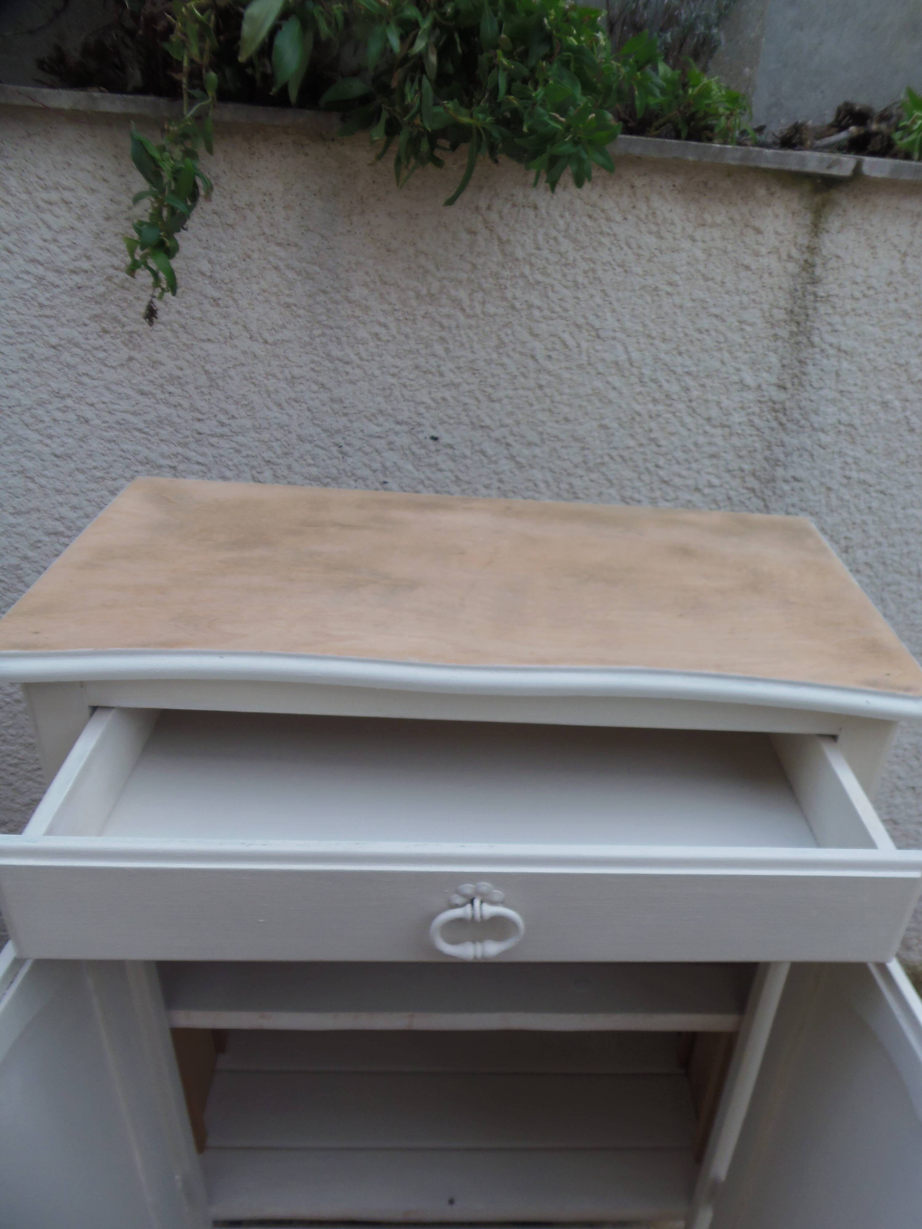 Small vintage buffet reimagined in pearl grey, wooden top.