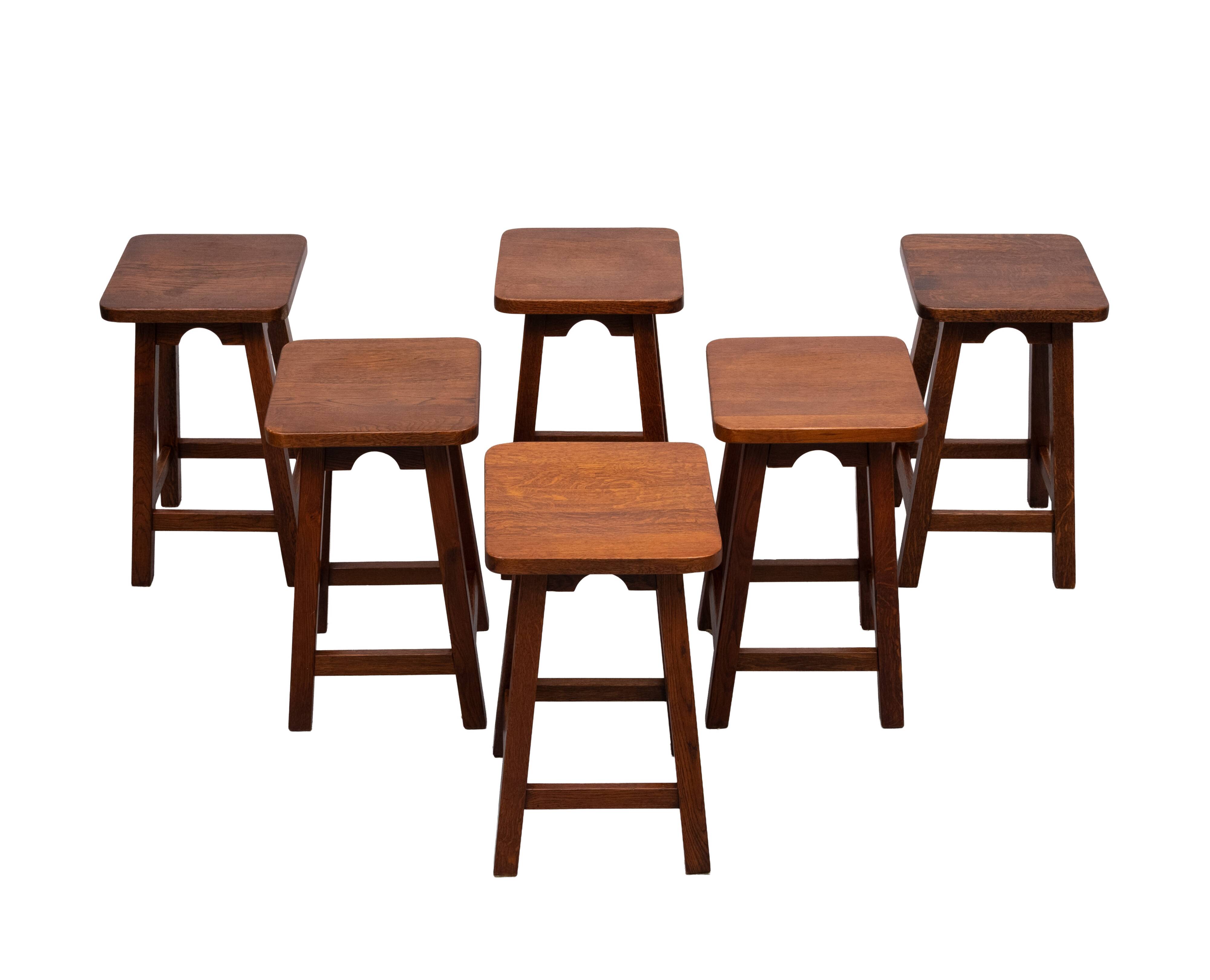 set of 6 Brutalist Solid Oak stools 1970s Holland