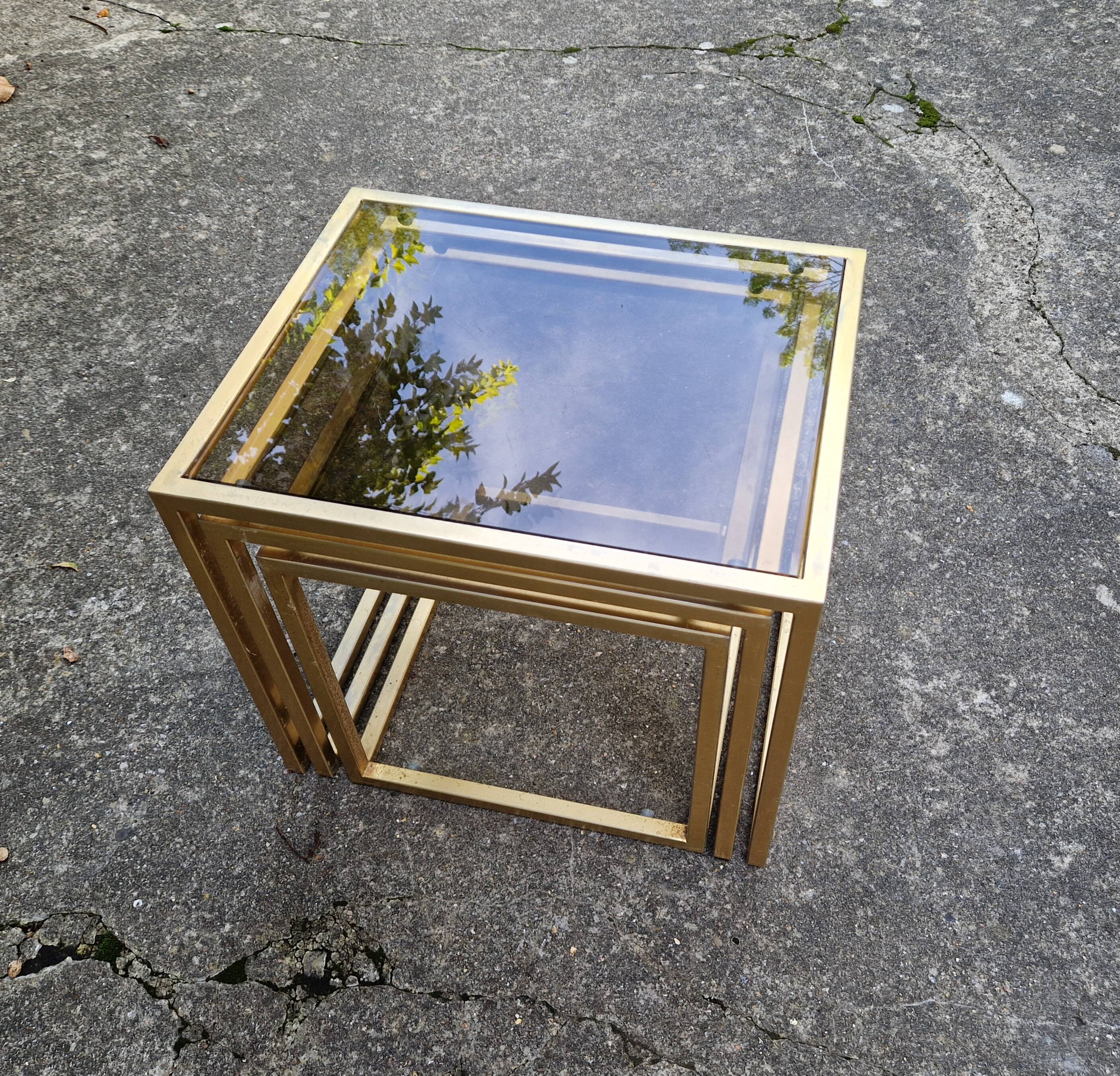 Vintage 1980s gold metal and smoked glass nesting tables