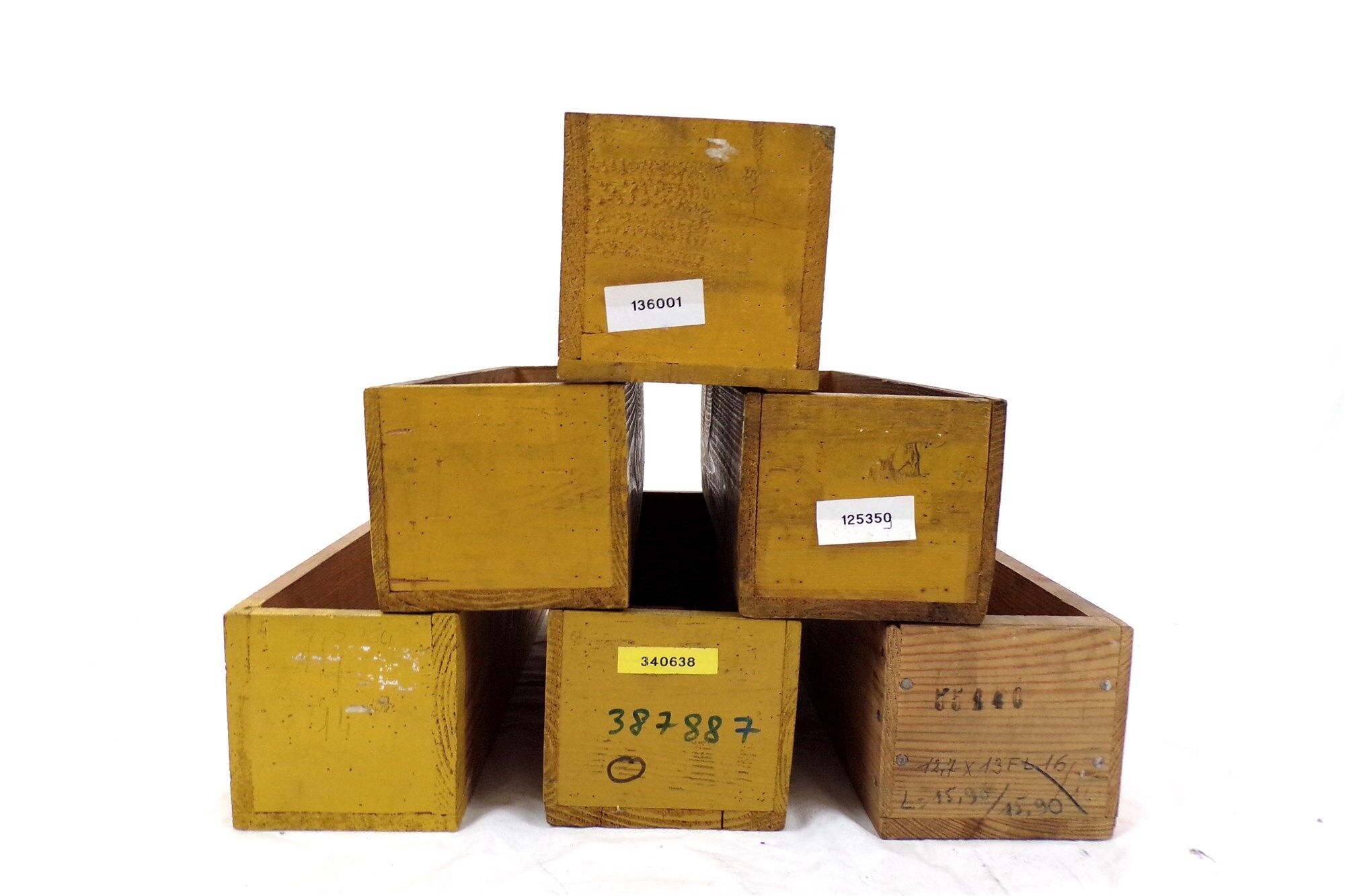 Set of 6 vintage workshop wooden storage boxes