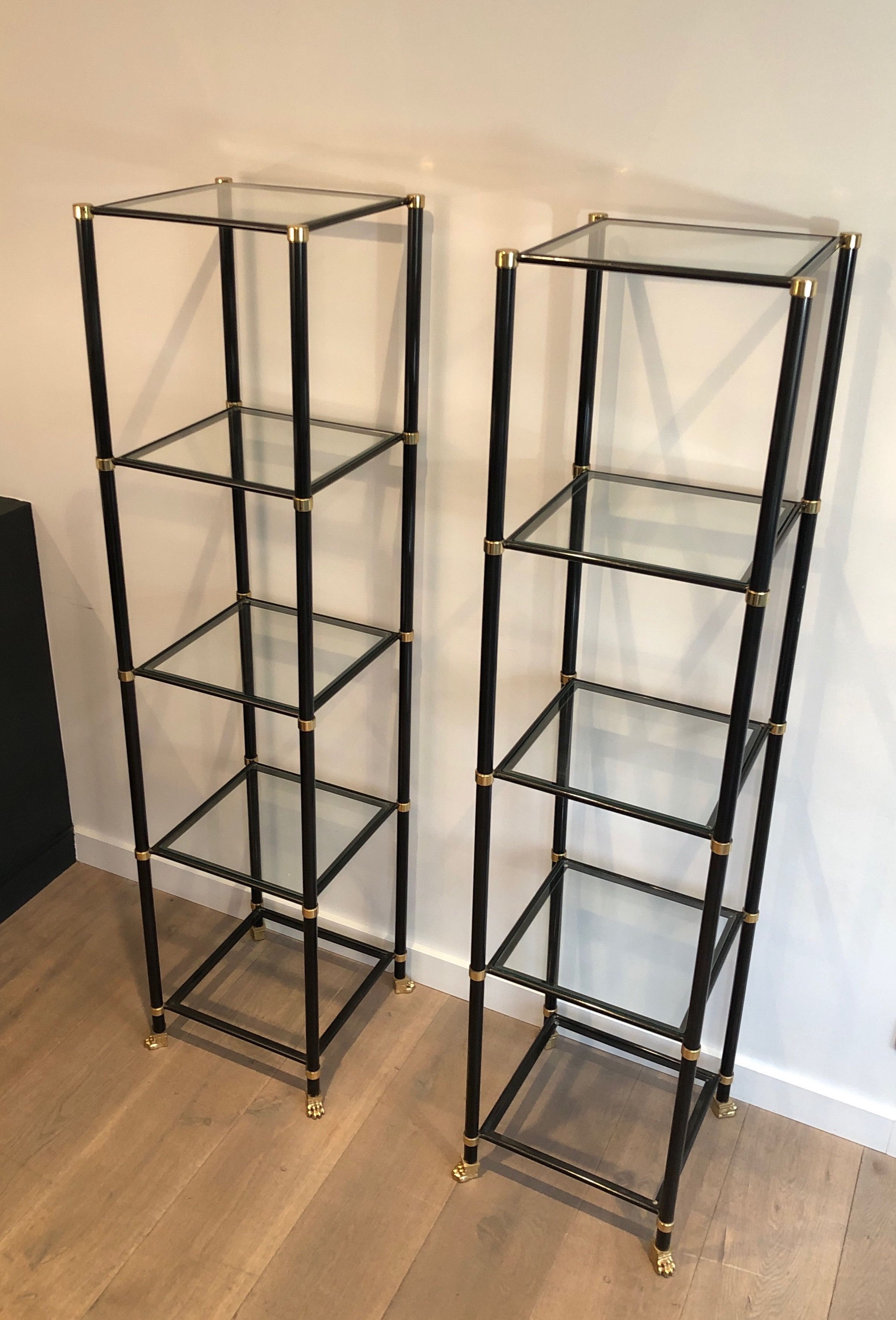 Pair of black lacquered metal and brass shelves. Guy Lefèvre for Maison Jansen. Circa 1970.