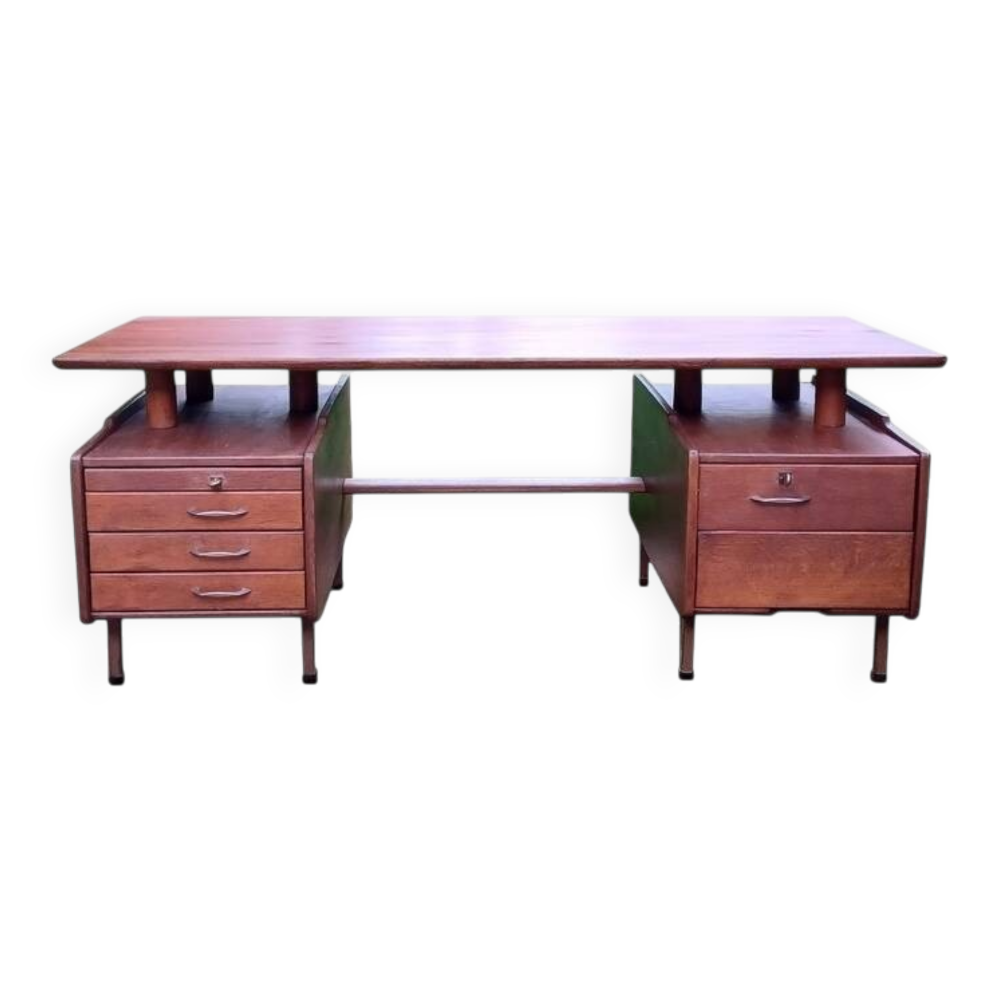 Vintage 1950s teak desk by designer Jacques Hauville.
