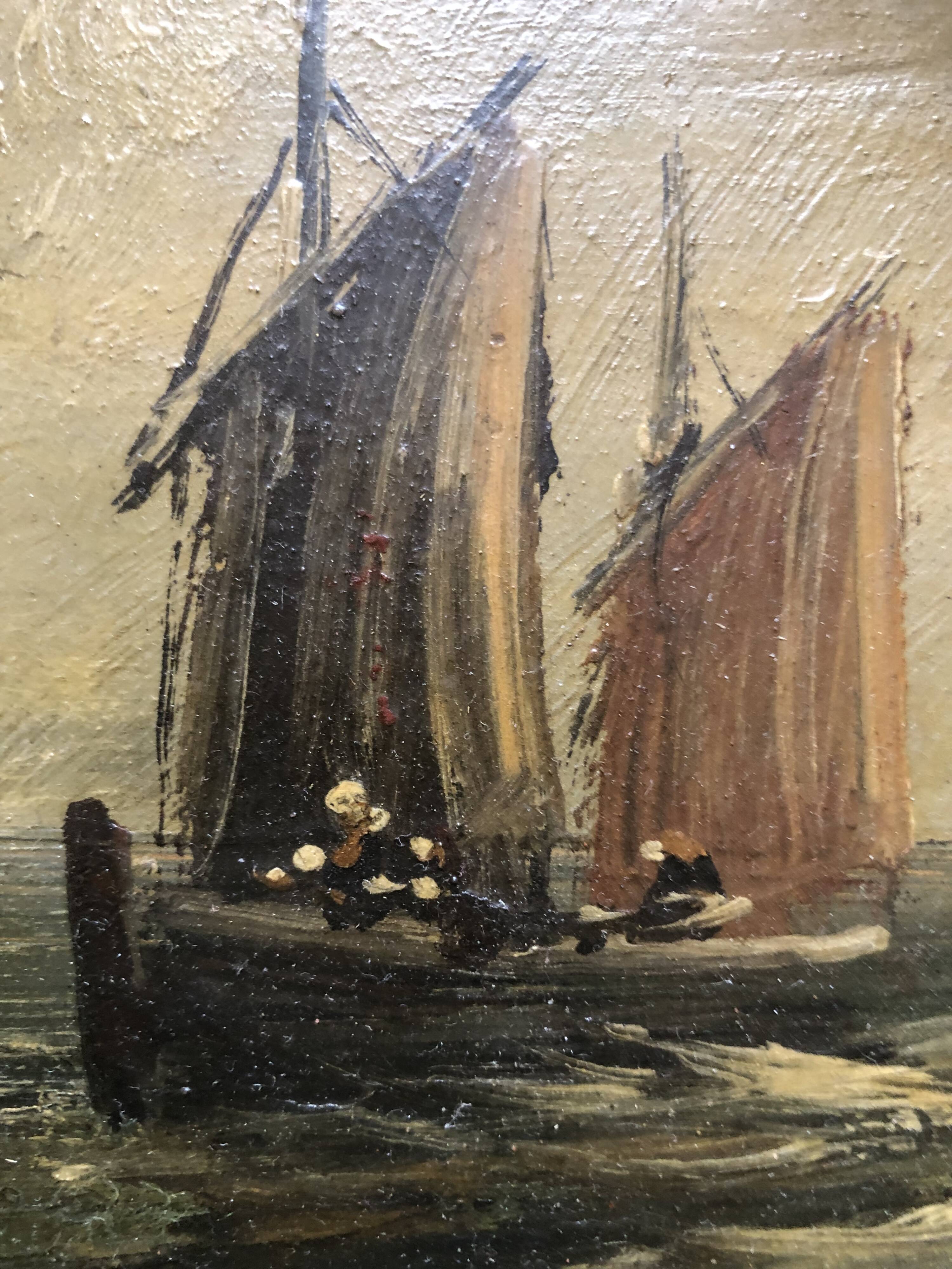 Oil on panel MARINE early 20th century, sailing boat, fishing boat, signed