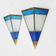 Pair of oriental triangle wall lights in copper and transparent and blue glass. 1970s