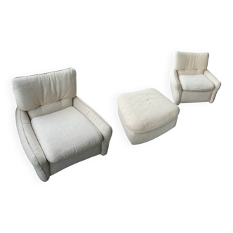 2 Guermonprez armchairs and 1 pouf