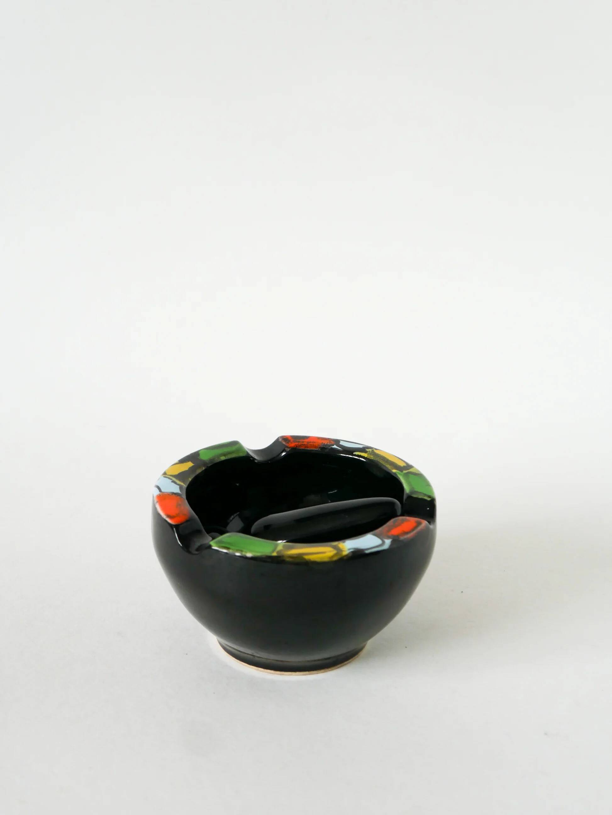 Large ceramic mortar, black & multicoloured, 1960