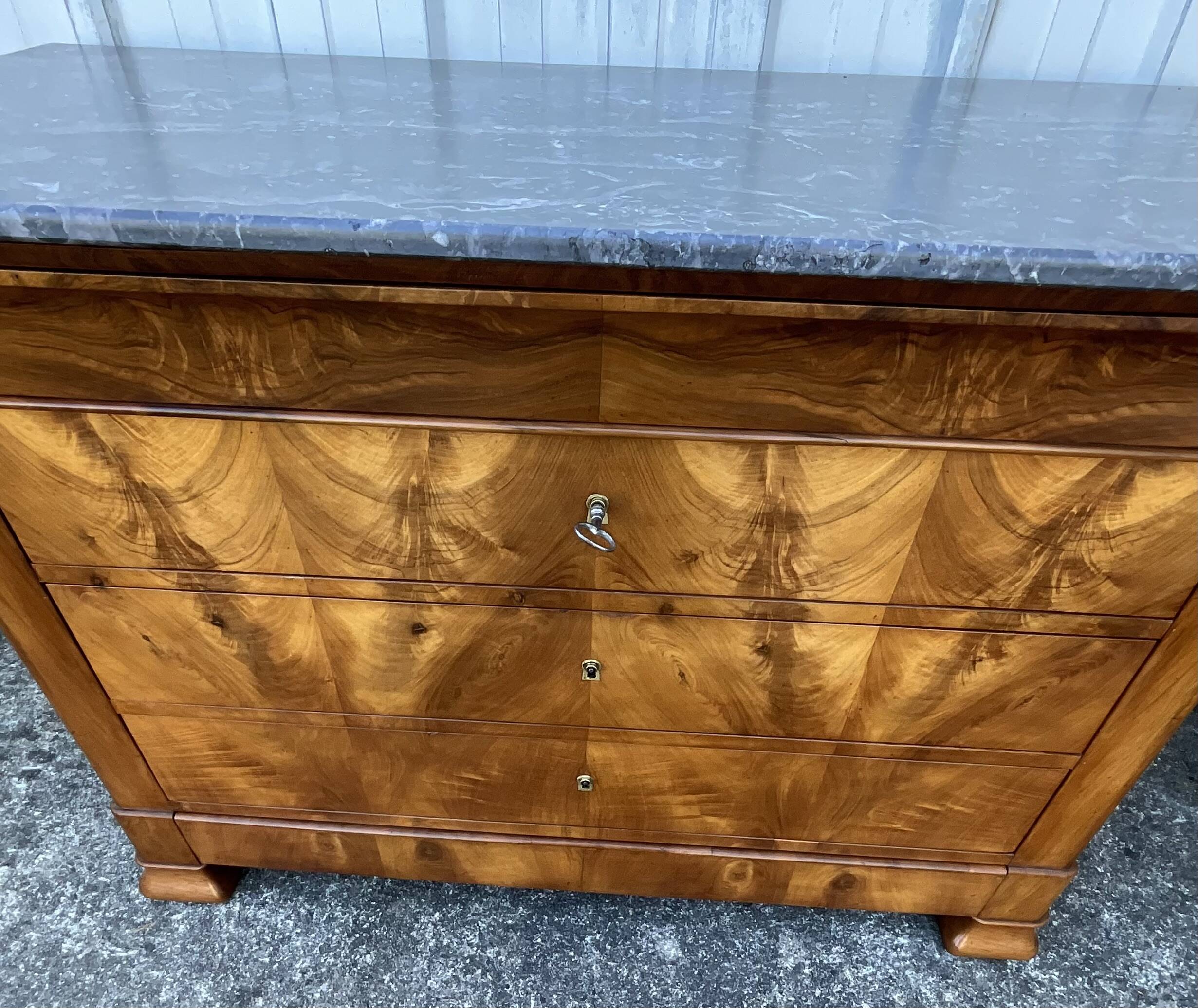 Louis-Philippe commode in burr walnut, Saint-Anne grey marble, mid-century