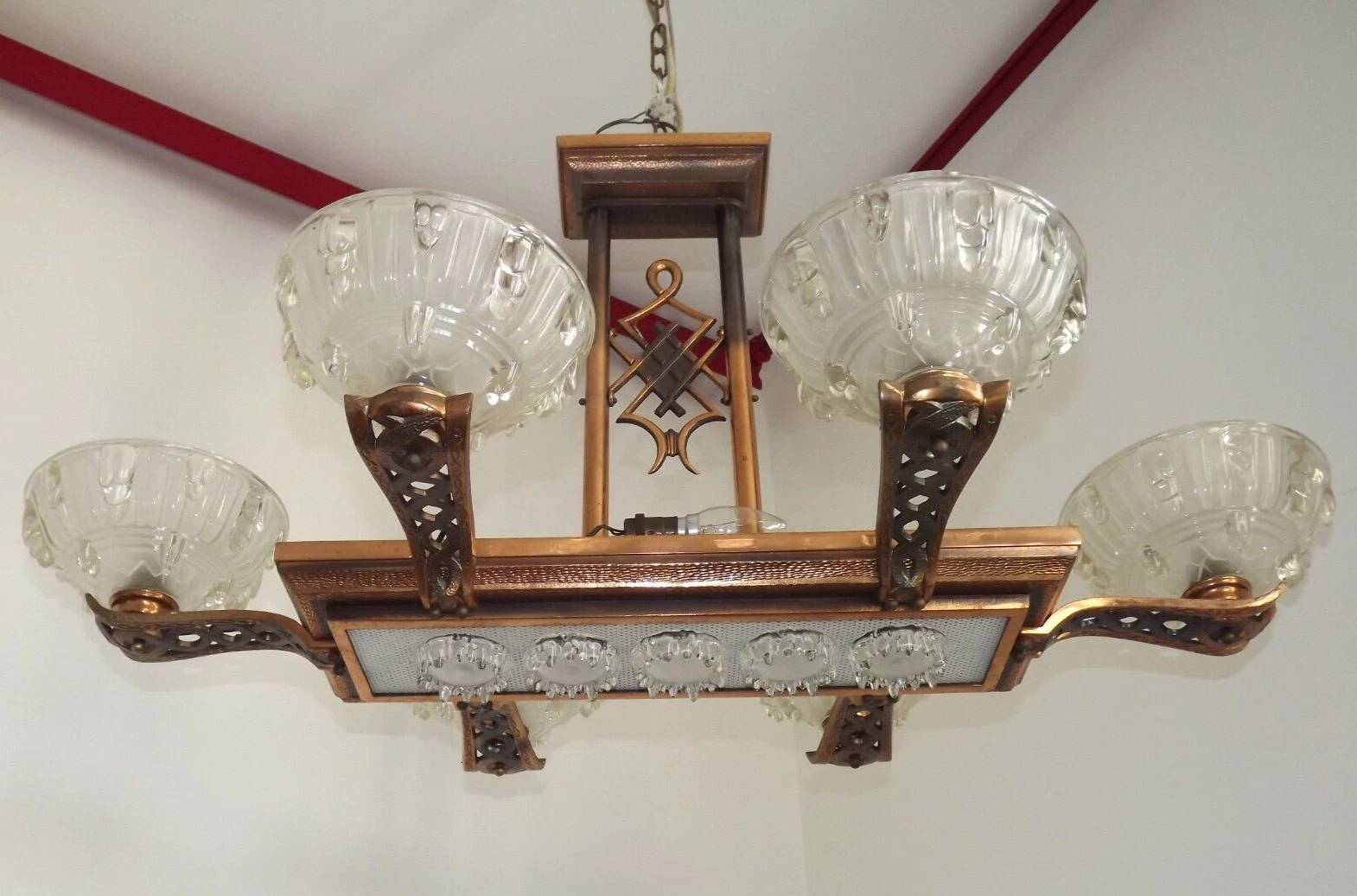 French Art Deco 6-Arm, 10-Light Chandelier Petitot Ezan Style, Copper Tone