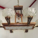 French Art Deco 6-Arm, 10-Light Chandelier Petitot Ezan Style, Copper Tone