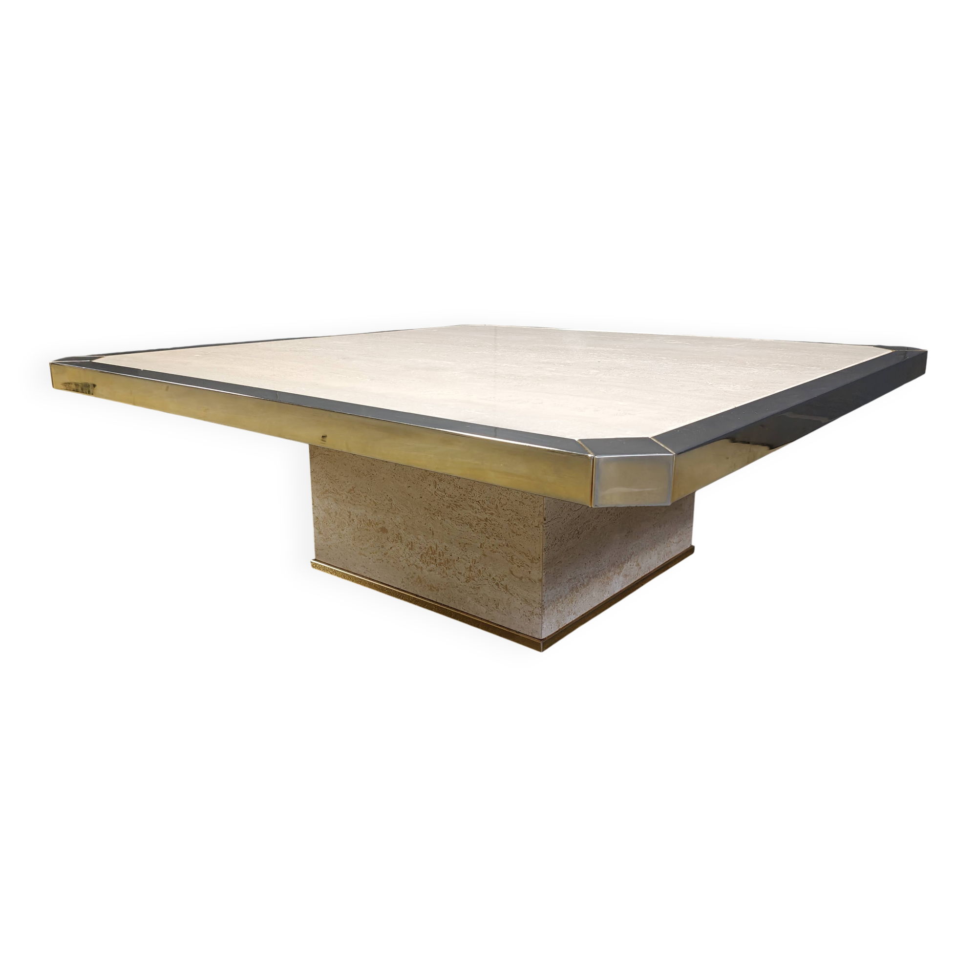 Vintage belgochrom 23kt gold and travertine coffee table , 1970s