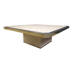 Table basse vintage en or belgochrome 23 carats et travertin, années 1970