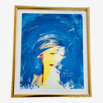 Cadre bois doré illustration bleu et jaune portrait femme