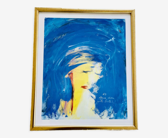 Golden wood frame illustration blue and yellow portrait woman