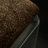 Designer bar stool in plexiglass, chrome & leopard velvet, Hollis 1970