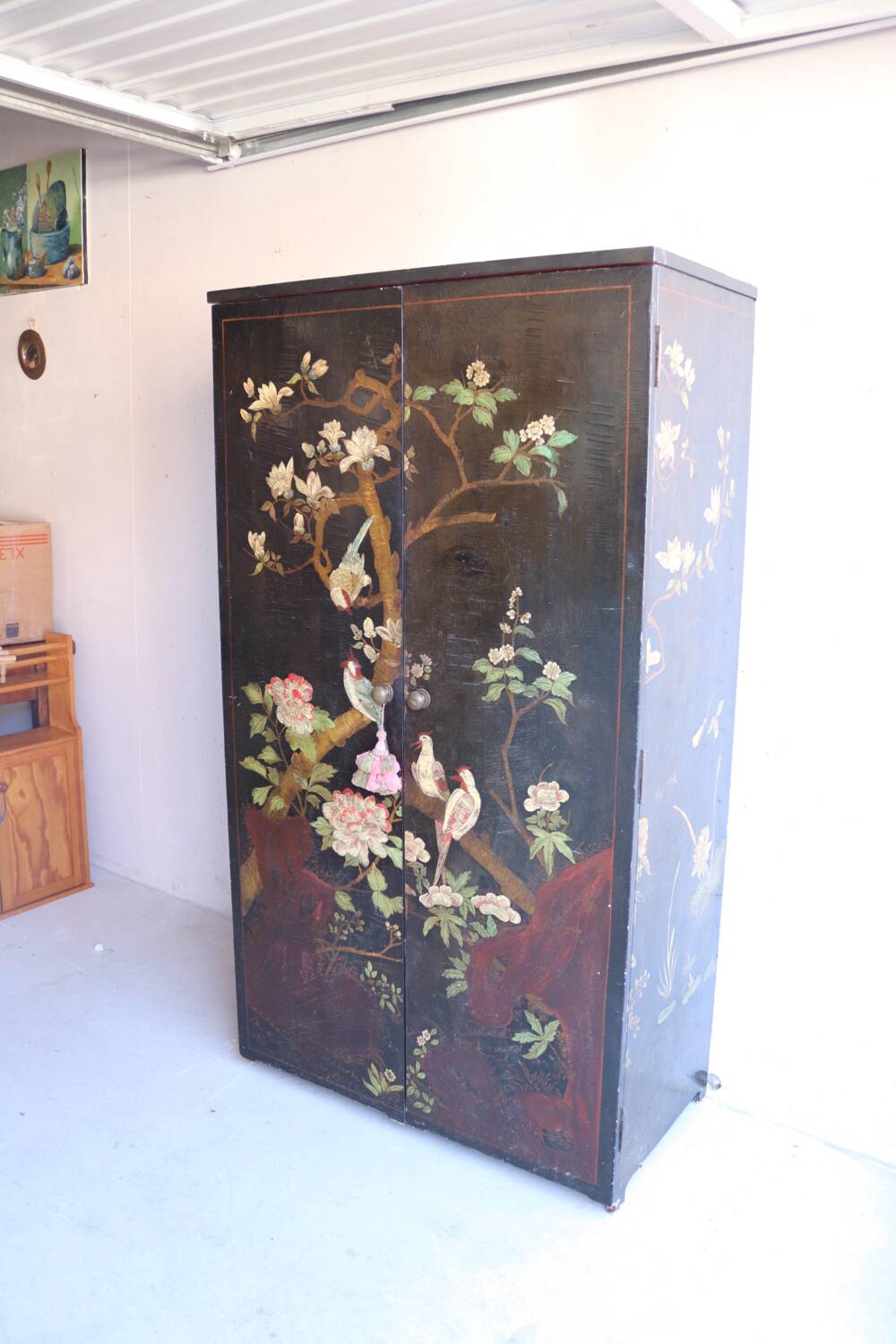 Black and red chinoiserie wardrobe – illuminated vintage furniture