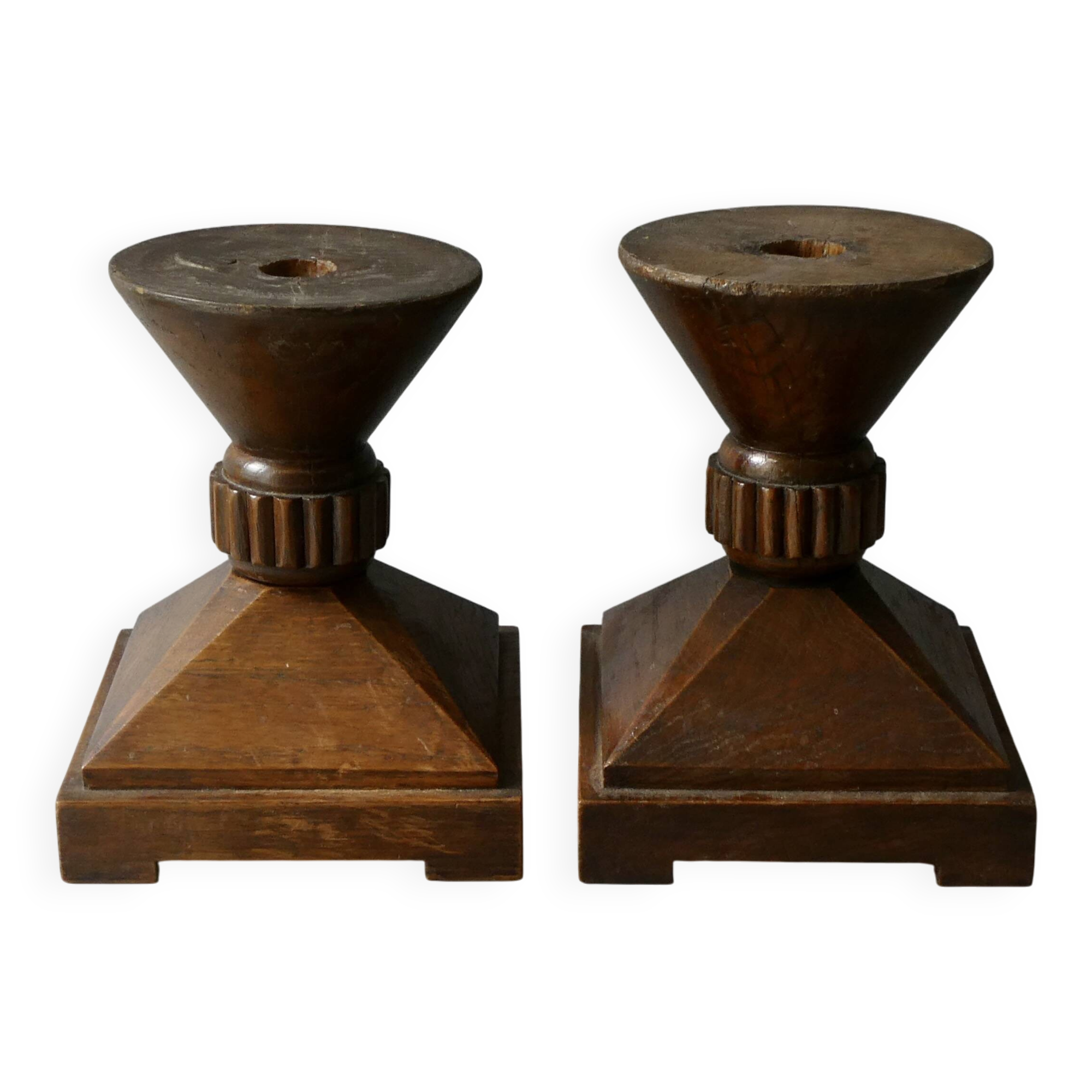 Pair of solid wood candlesticks, sculpted, brutalist