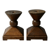 Pair of solid wood candlesticks, sculpted, brutalist