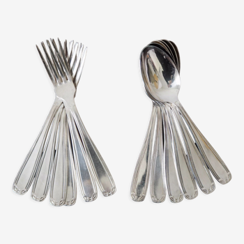 Set of 6 forks and 6 spoons in silver metal with punches