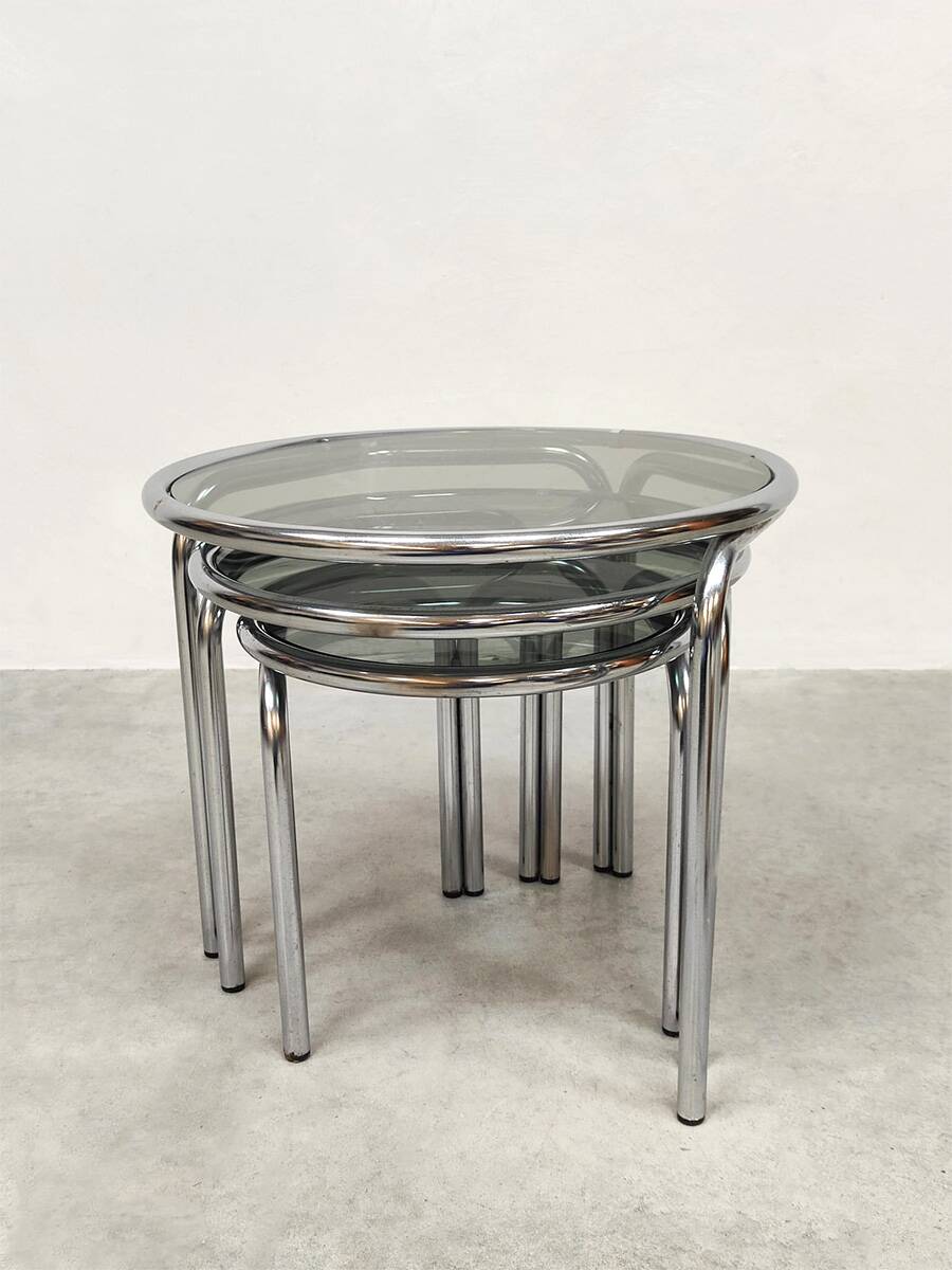 Vintage side tables in chrome and smoked glass by Italian design Mimiset
