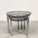 Tables d'appoint vintage en chrome et verre fumé de design italien Mimiset