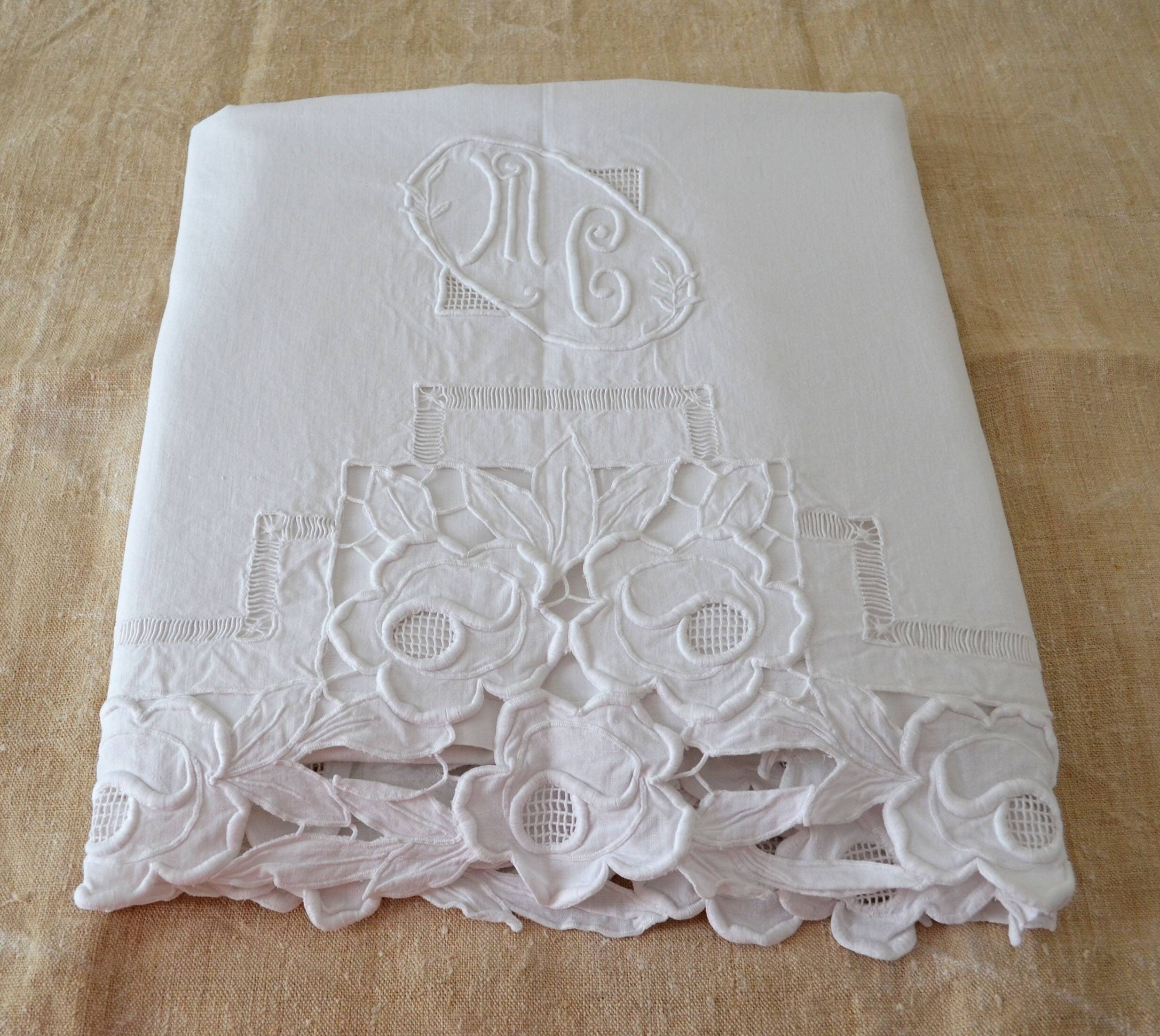 old linen sheet with brogue embroidery and monogram