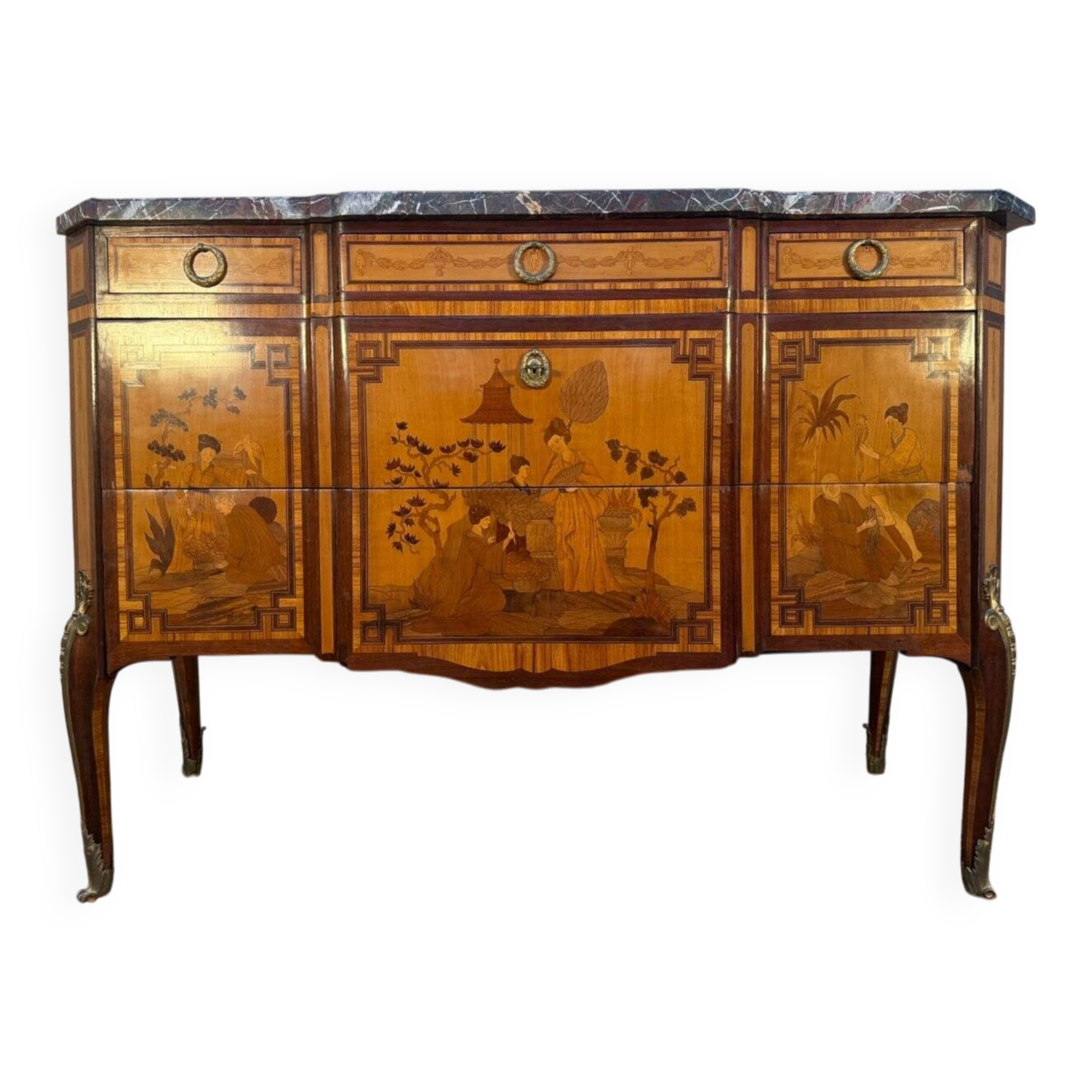 Commode Transition oriental marquetry, 1920s, black marble