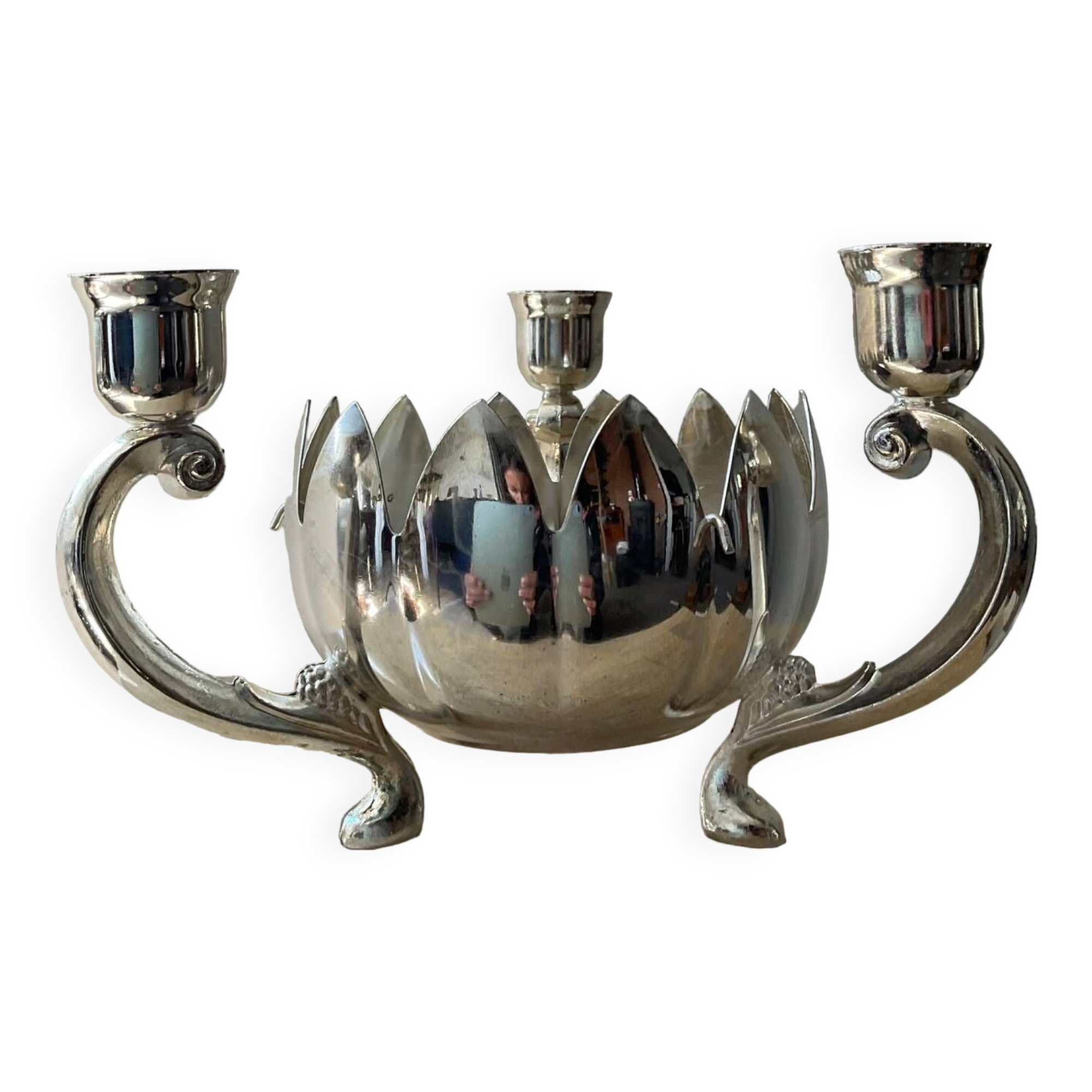 Lotus candle holder vintage spade flowers 3 lights silver metal