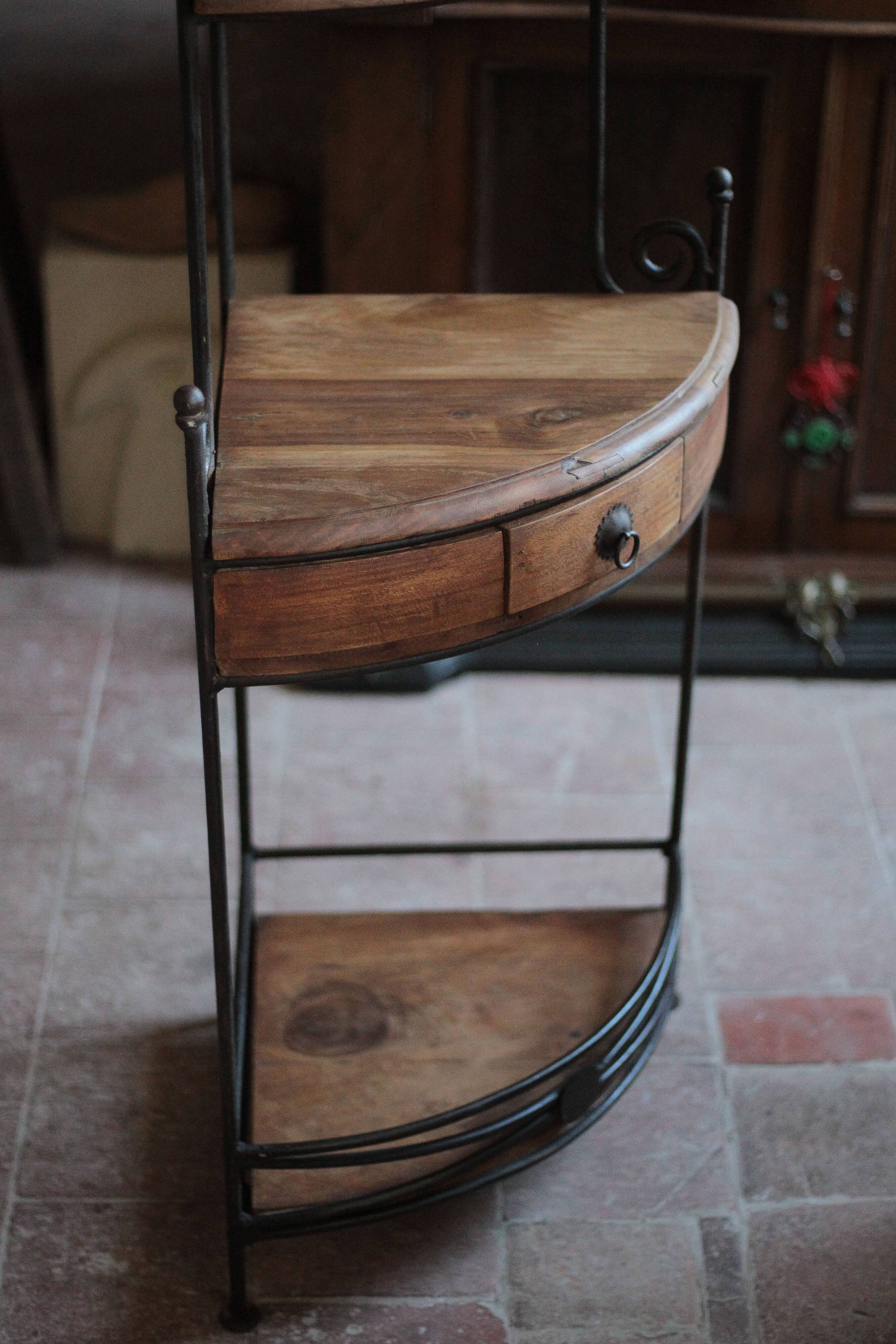 Wrought iron and wood corner unit, vintage corner furniture, corner shelf.